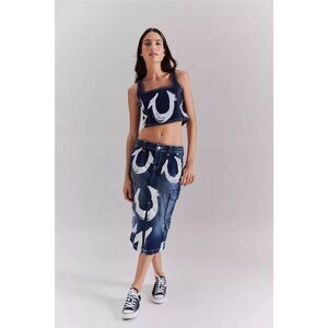 True Religion UO Exclusive Painted Horseshoe Denim Midi Skirt